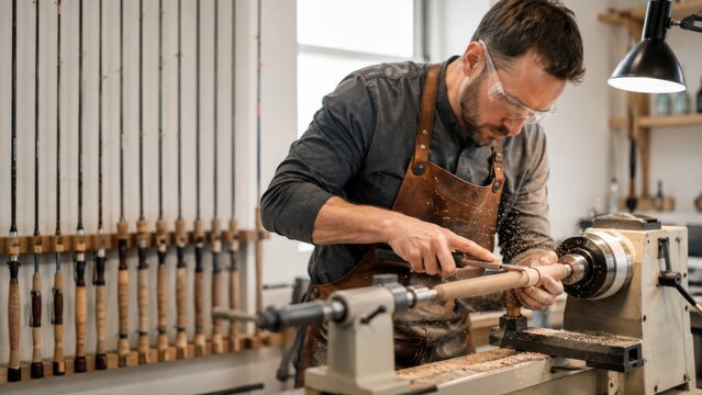 Male craftsman using lathe to shape wooden fishing rod in workshop, surrounded by tools and wooden rods hanging on the wall in a well-lit environment