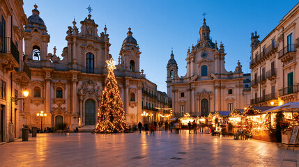 Fototapeta premium Christmas street scene in historic piazza with holiday decorations