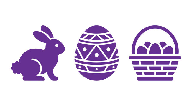 Purple easter icon set featuring bunny rabbit decorated egg basket filled with eggs isolated on white background spring holiday graphic element holiday symbol festive deco