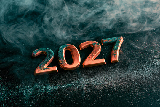 Copper oxidizing with green patina effects shows the number 2027