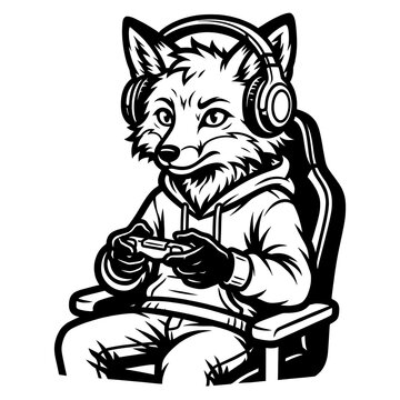 Black and white vector illustration of a cool fox gamer wearing headphones and sitting in a gaming chair