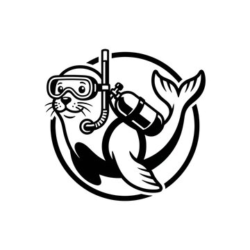 Cute cartoon seal mascot wearing scuba diving gear with mask and oxygen tank in black and white style
