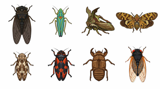 Detailed vector illustration grid of diverse insects including cicadas, leafhoppers, and beetles isolated on a white background for educational biology projects.