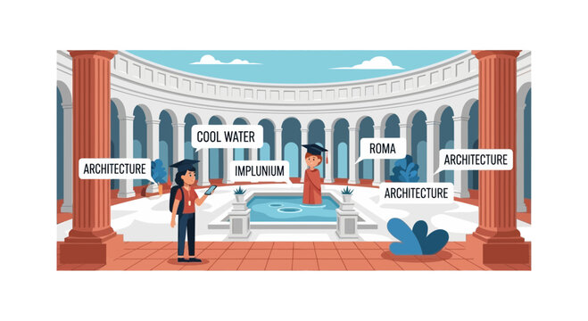 Educational Illustration of Students Learning Ancient Roman Architecture with AR Tags in an Atrium Impluvium