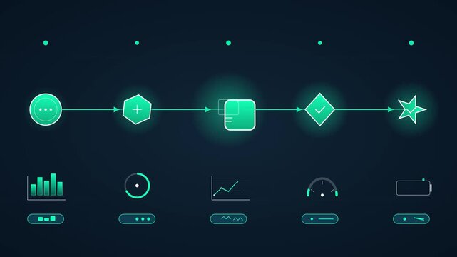 Glowing cyan process workflow animation with infographic icons and data graphs.