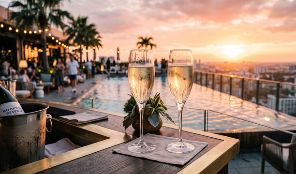 champagne flutes filled with a light-colored sparkling wine on a bar counter, with a blurred backdrop of a luxurious rooftop pool at sunset