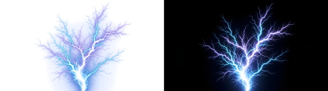Electric lightning bolt branches upward in a tree like pattern of blue light, PNG, Transparent and Black Background Versions