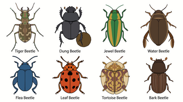 Vector insect illustrations grid showing a comprehensive collection of beetle species including tiger beetle, dung beetle, jewel beetle, leaf beetle, and bark beetle.