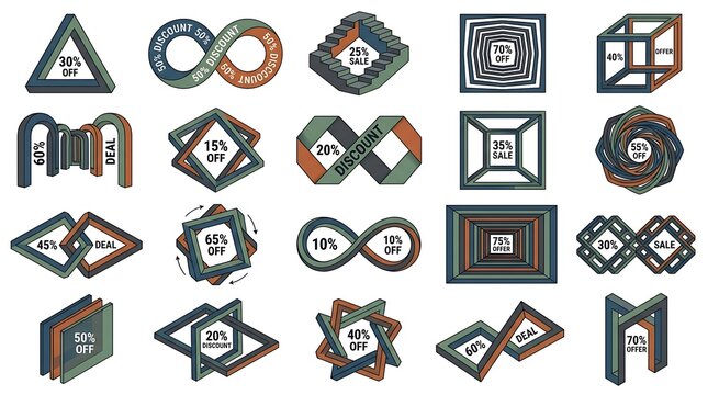 Set of isometric optical illusion discount badges and sale promotion labels