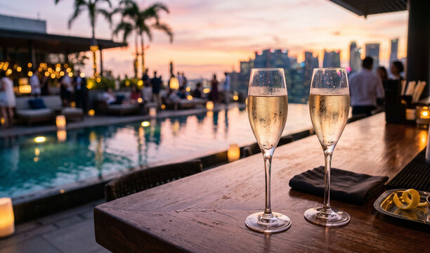 champagne flutes filled with a light-colored sparkling wine on a bar counter, with a blurred backdrop of a luxurious rooftop pool at sunset