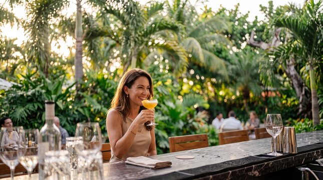 Tropical Delight: A woman sips a refreshing cocktail at a stylish bar, surrounded by lush palm trees and the golden hues of a tropical sunset, embodying leisure and relaxation.