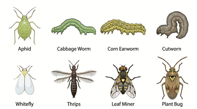 Set of Eight Detailed Common Garden Pest Insect Vector Illustrations Featuring Aphid, Cabbage Worm, Corn Earworm, Cutworm, Whitefly, Thrips, Leaf Miner, and Plant Bug.