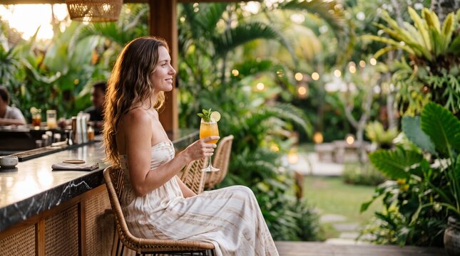 Woman Enjoying Tropical Cocktail at Bar