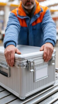 Male airport cargo worker in blue and orange uniform places aluminum case on conveyor belt inside a busy cargo facility with industrial lighting and equipment visible