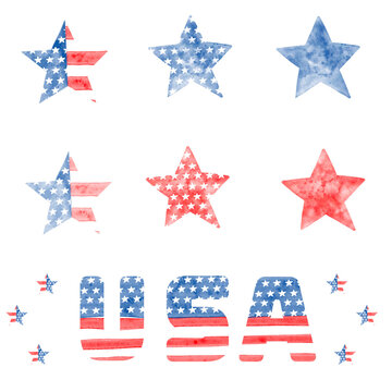 Patriotic watercolor design elements set with stars and text usa  for independence day celebrations