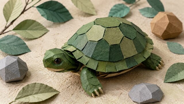 A green origami turtle rests among paper leaves and geometric stones