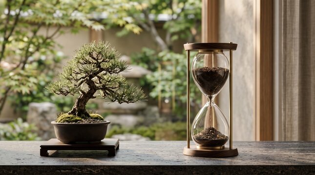 Peaceful bonsai tree alongside an hourglass in a calm garden showcasing the harmony of time and the beauty of nature