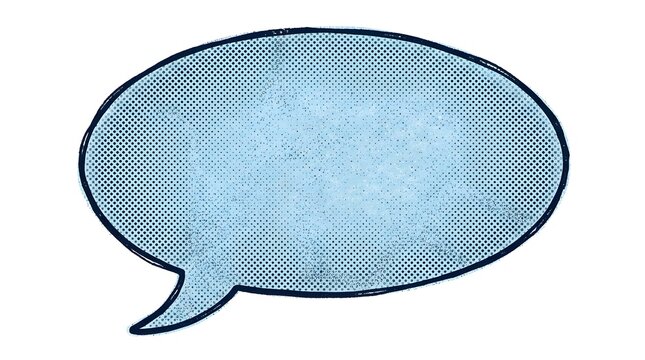 Oval speech bubble featuring a textured blue halftone pattern conveys classic retro comic book styling.