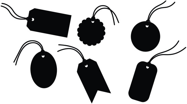 Black price tag collection featuring various shapes with strings for retail branding product labels and sales promotion design sets.