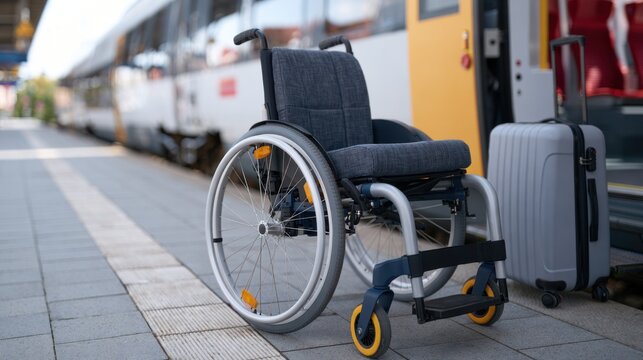 Wheelchair with gray fabric seat positioned on a train station platform next to a gray suitcase and a train at the boarding area in the background
