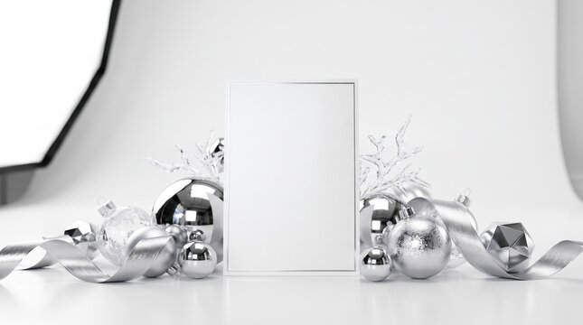 Blank frame surrounded by silver and white holiday decorations for festive celebrations and seasonal greetings