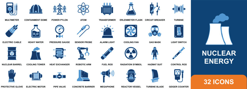 Collection of thirty two flat blue nuclear energy icons on a white background atomic reactor
