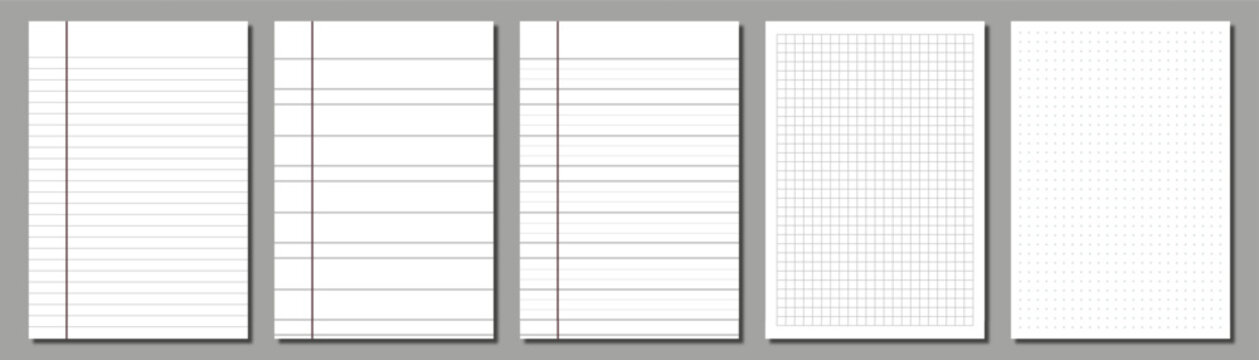 Set of lined paper sheets with different grid patterns for writing, drawing, or planning