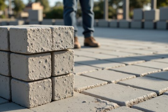 Verlegemuster mit gestapelten Pflastersteinen auf Baustelle