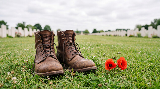 Empty worn leather boots beside red poppies in a war cemetery field