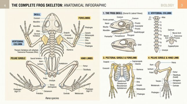 Complete frog skeleton anatomical infographic displaying detailed bone structure and labeled parts