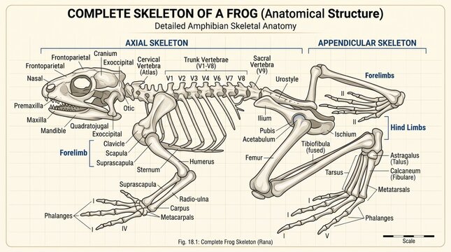 Complete frog skeleton anatomical structure diagram showing detailed amphibian skeletal anatomy