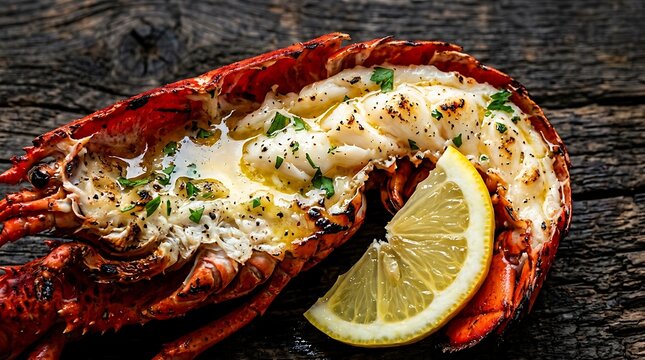 Delicious grilled lobster tail topped with melted butter, fresh herbs, and lemon slice on rustic dark wooden background, gourmet seafood dining concept.