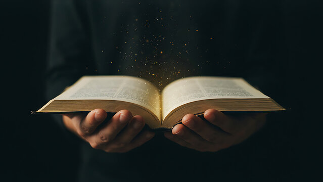 Close up of hands holding illuminated holy Bible book in dark room