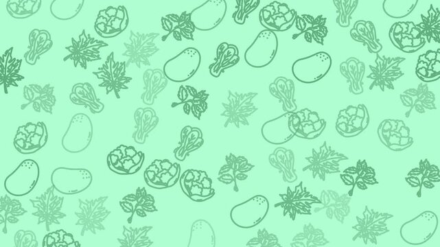 Green light pattern with food icons like vegetable illustrations, potato, leaf, broccoli art. Suitable for food blogs, healthy recipe websites.