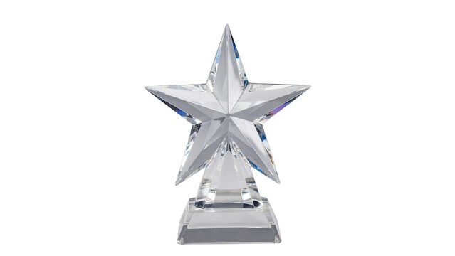 Faceted clear crystal star trophy standing on a rectangular base isolated on a transparent background