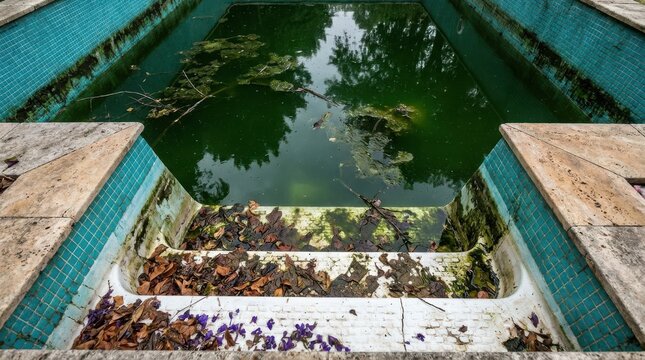 Abandoned dirty swimming pool with green water, fallen leaves, and algae on tiled surface.
