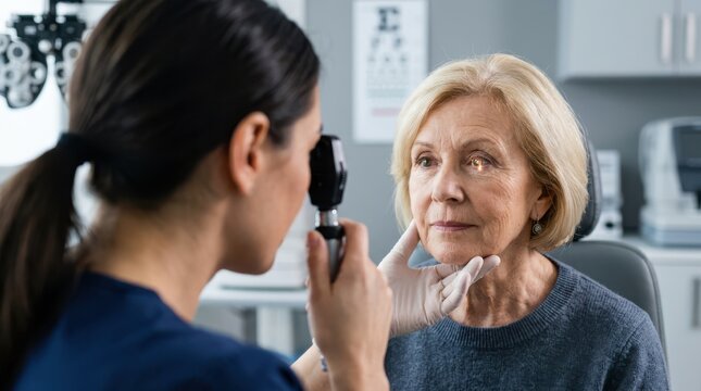 Female optometrist uses ophthalmoscope to examine senior woman's eyes, checking for signs of vision problems.