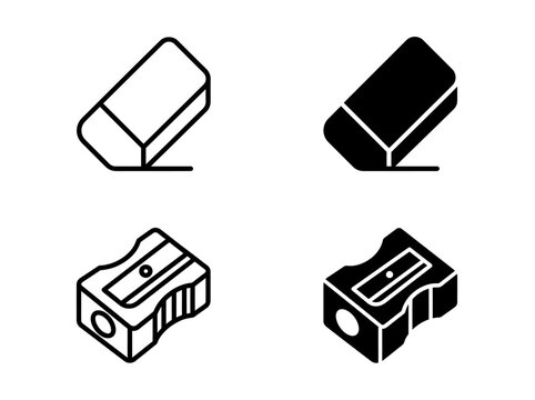 Set of eraser and pencil sharpener stationery icons in outline and solid