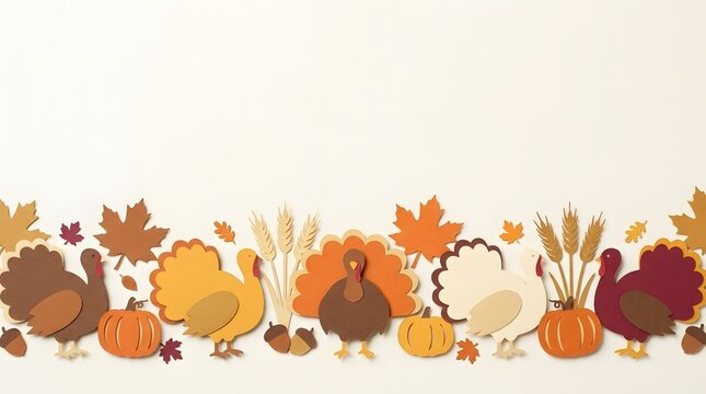 Seamless border pattern with cute cartoon turkeys and autumn harvest elements on a light background