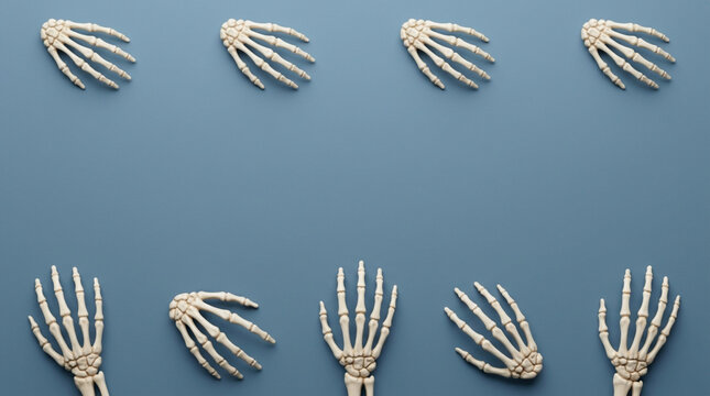 Top view pattern of human skeleton hands on a blue background