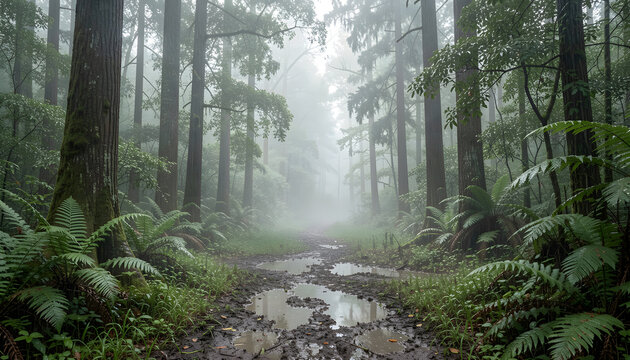 A misty forest path surrounded by tall trees and lush green ferns on a foggy morning.