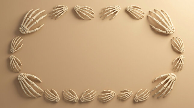 Frame of various seashells arranged in an oval shape on a beige background