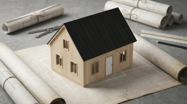 Wooden house model placed on architectural floor plan blueprints with rolled technical drawings on background.