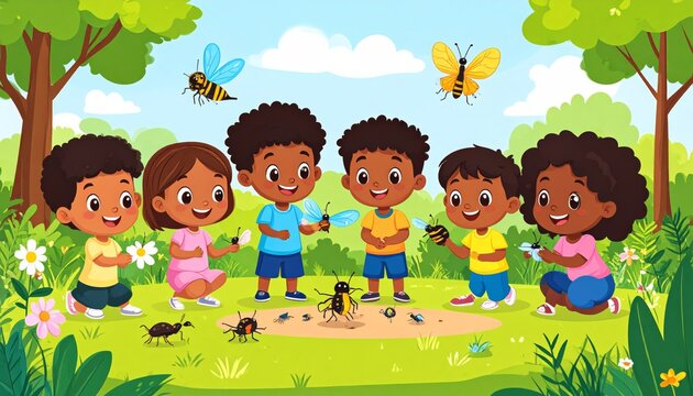 Happy Children Exploring Nature - Diverse Kids Playing With Insects Outdoors