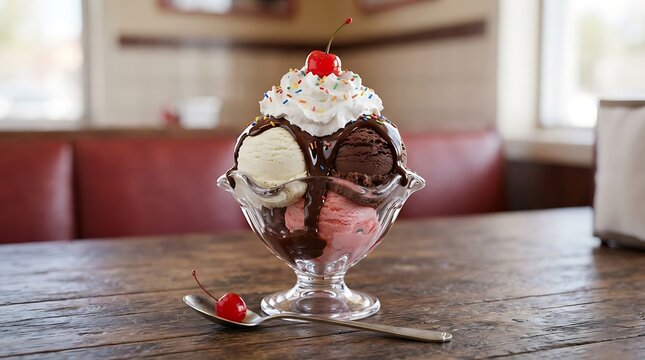Delicious classic ice cream sundae in a glass bowl with vanilla, chocolate, and strawberry scoops, whipped cream, chocolate syrup, sprinkles, and cherry on top.