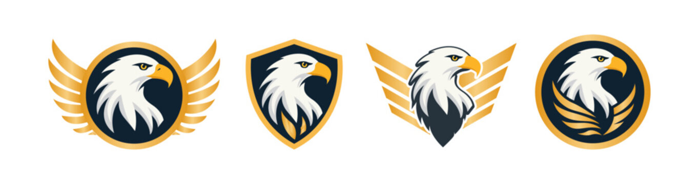 Collection of 4 bald eagle head emblems including circular, shield, and winged styles vector design