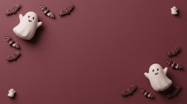 Flat lay of cute ghost decorations and small bats on a dark maroon background for halloween celebration