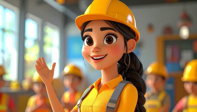 Friendly 3D cartoon female construction worker smiling and waving