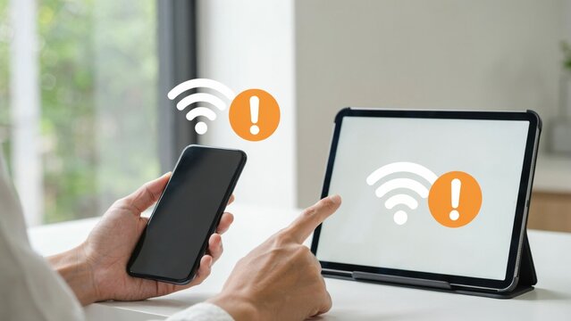 A person struggles with internet connectivity errors on a smartphone and tablet. Concept for technical network issues and online service outages.