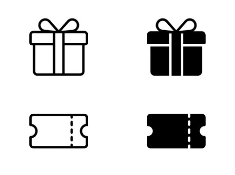 Set of gift box and ticket black and white line icons with celebration